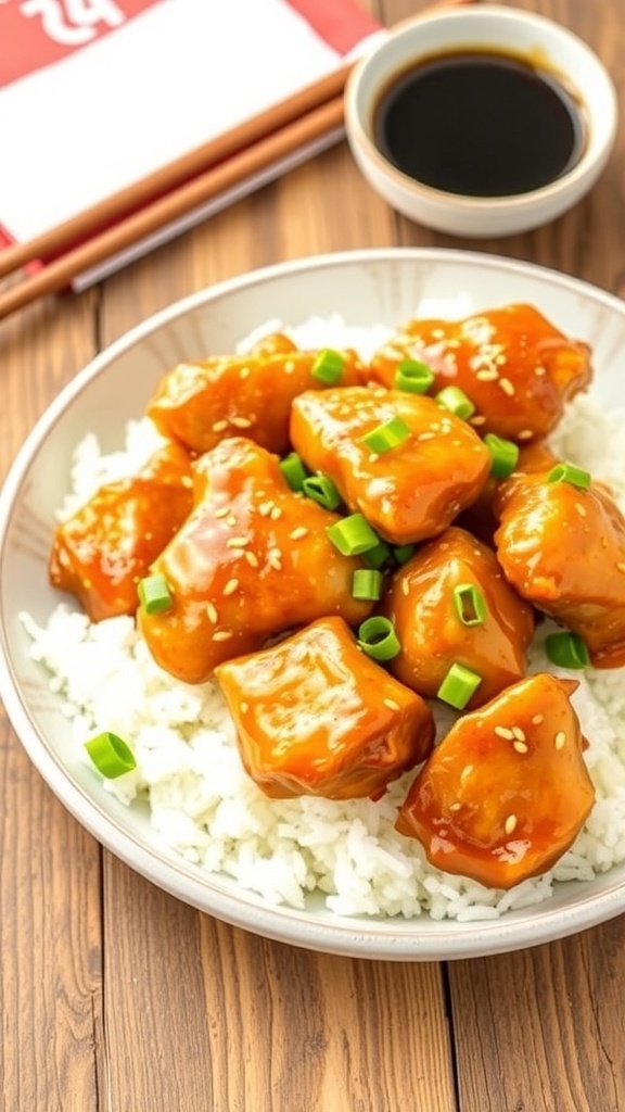 Air fryer honey garlic chicken served on a plate with rice, garnished with sesame seeds and green onions.